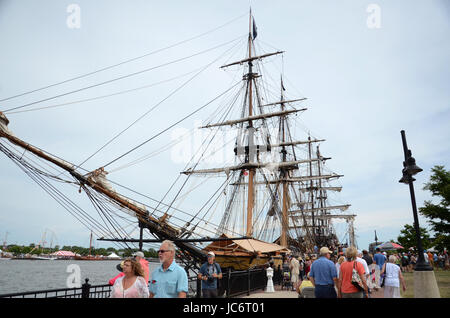 BAY CITY, MI - JULY 17: Visitors walk past the sailing vessel Denis Sullivan at the Tall Ship Celebration in Bay City, MI on July 17, 2016. Stock Photo