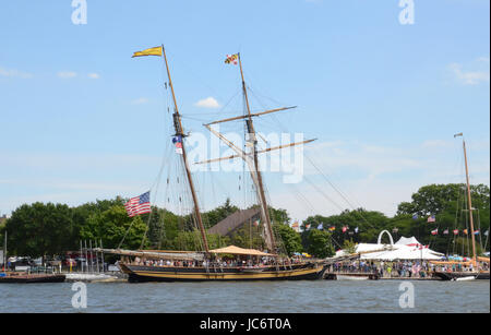 BAY CITY, MI - JULY 17: Visitors explore the Pride of Baltimore II at the Tall Ship Celebration in Bay City, MI on July 17, 2016. Stock Photo