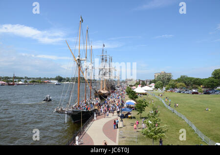 BAY CITY, MI - JULY 17: Visitors explore many of the ships at the Tall Ship Celebration in Bay City, MI on July 17, 2016. Stock Photo