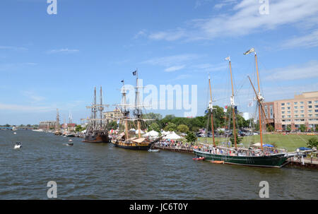 BAY CITY, MI - JULY 17: Visitors explore many of the ships at the Tall Ship Celebration in Bay City, MI on July 17, 2016. Stock Photo