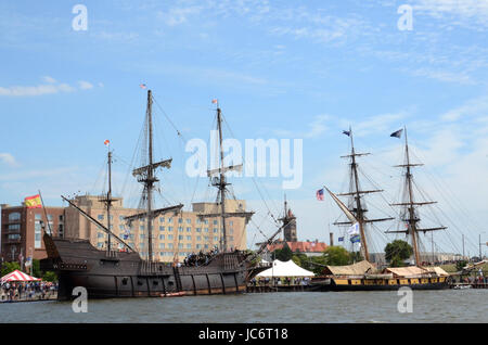 BAY CITY, MI - JULY 17: Visitors explore the The Galeon Andalucia, a replica of a Spanish Galleon, at the Tall Ship Celebration in Bay City, MI on Jul Stock Photo