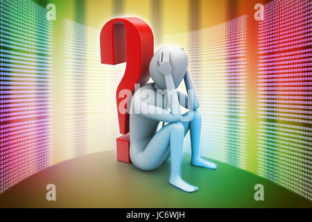 3d man sitting near the question mark Stock Photo