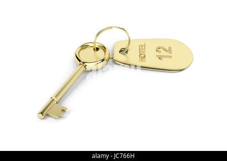 Hotel key with a room number on white background Stock Photo