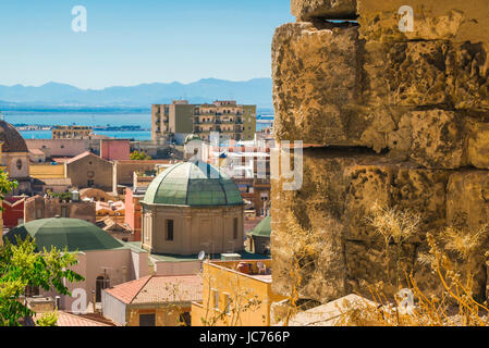 Cagliari Castello, view from a section of medieval wall in the Castello quarter towards the Stampace area of Cagliari, Sardinia. Stock Photo