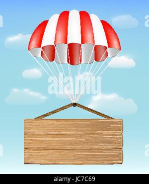 wood board sign with parachute on sky background Stock Vector