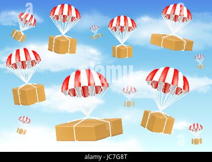 group of carton box with parachute on sky Stock Vector