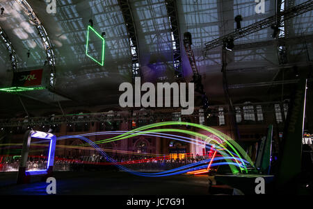 The Drone Racing League custom drones, the Racer3, in action at Alexandra Palace for the Allianz World Championship.