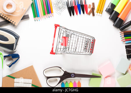 School equipment with caddy on white background Stock Photo