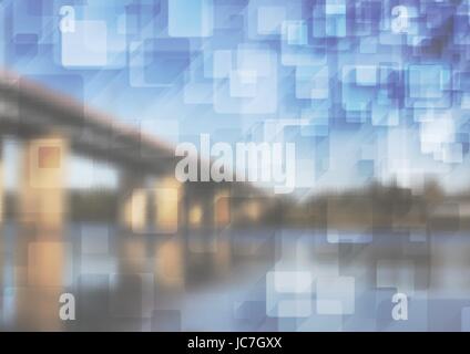 Bright tech abstract collage design with bridge landscape and geometric squares. Vector modern template brochure Stock Vector