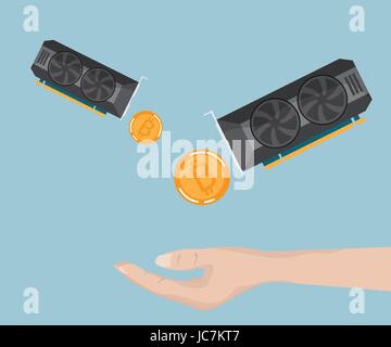 hand receive bitcoin, ethereum from display card, cryptocurrency concept vector illustration Stock Vector