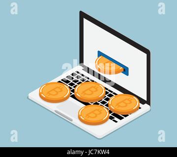 mining bitcoin from laptop, Cryptocurrency concept vector illustration Stock Vector