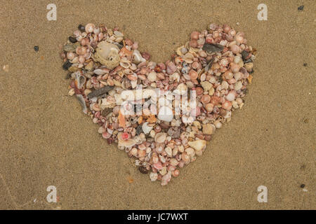 Heart made of sea shells lying on a beach sand in summer Stock Photo