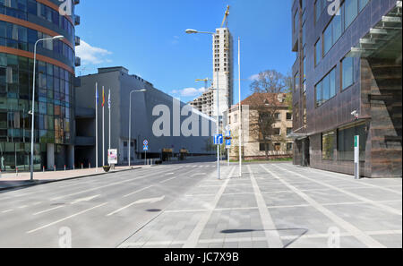 VILNIUS,  LITHUANIA- MAY 14, 2017:  Deserted solar May morning in the business center of the capital. Vilnius - the high-growth European city Stock Photo