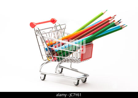 Caddy with school equipment on white background Stock Photo