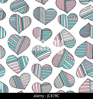 Hearts and stripes hand drawn abstract pattern. Vector seamless background for wallpaper, wrapping, textile design, surface texture, fabric. Black and Stock Vector