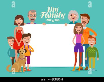Big happy family, banner. People, parents and children. Design template for invitation or congratulations. Cartoon vector illustration Stock Vector