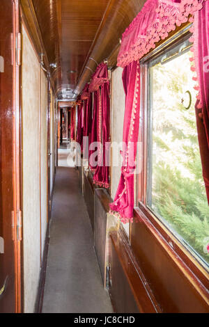 Interior of an old train wagon located in Museum Selcuk, Turkey.  This wagon was produced in Germany in 1926  for Ulu Onder Ataturk. Stock Photo