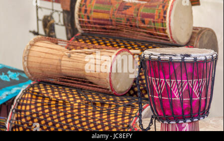 various african drums in different sizes Stock Photo
