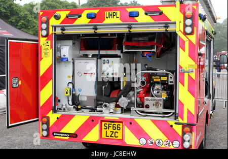 Beaulieu, Hampshire, UK - May 29 2017: Firefighting equipment in the back of a UK fire tender Stock Photo