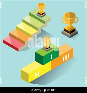 Illustration of Scucess Concept, the stairs, The podium and the cup and medals, the path to success, in flat isometric style - Vector Illustration Stock Vector