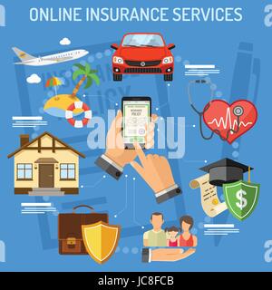 Concepts online insurance services. Man holding smart phone in hand and buying insurance policy. flat style icons Car, House, Medical, Education and V Stock Vector