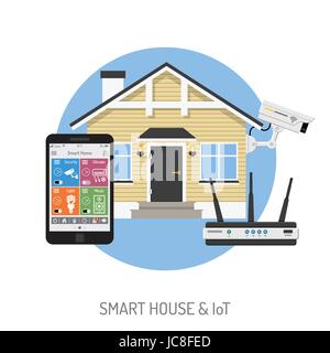 Smart House and internet of things concept. smartphone controls smart home like security cam and router flat icons. Isolated vector illustration Stock Vector