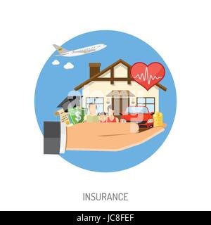 Insurance Services Concept. Man holding in hand flat icons House, Car, Medical, Travel and Family insurance. Isolated vector illustration Stock Vector