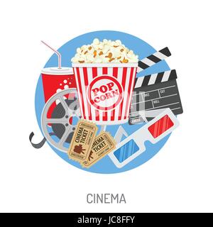 Cinema and Movie time concept with flat icons film reel, popcorn, paper cup, 3d glasses, clapperboard, cinema tickets. Isolated vector illustration Stock Vector