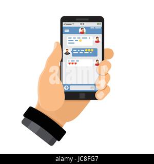 Man holding smartphone with messenger on screen. Avatars men and women in flat style in chat application. Isolated vector illustration Stock Vector