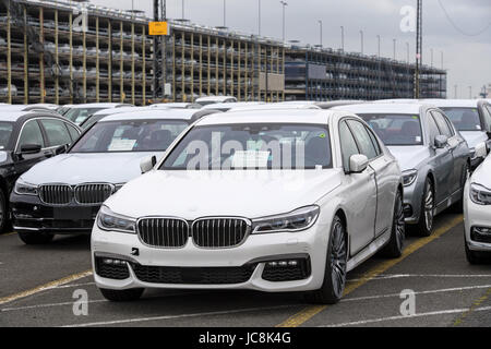 Bremerhaven, Germany. 12th June, 2017. New vehicles of BMW can be seen at the BLG Logistics Group Car Terminal in Bremerhaven, Germany, 12 June 2017. Photo: Ingo Wagner/dpa/Alamy Live News Stock Photo