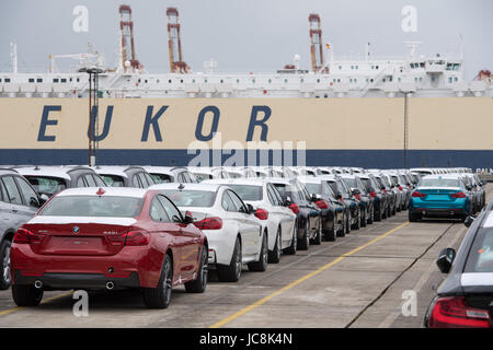 Bremerhaven, Germany. 12th June, 2017. New vehicles of BMW can be seen at the BLG Logistics Group Car Terminal in Bremerhaven, Germany, 12 June 2017. Photo: Ingo Wagner/dpa/Alamy Live News Stock Photo