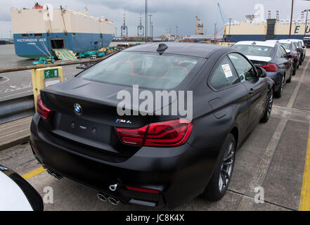 Bremerhaven, Germany. 12th June, 2017. New vehicles of BMW can be seen at the BLG Logistics Group Car Terminal in Bremerhaven, Germany, 12 June 2017. Photo: Ingo Wagner/dpa/Alamy Live News Stock Photo