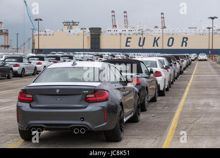 Bremerhaven, Germany. 12th June, 2017. New vehicles of BMW can be seen at the BLG Logistics Group Car Terminal in Bremerhaven, Germany, 12 June 2017. Photo: Ingo Wagner/dpa/Alamy Live News Stock Photo