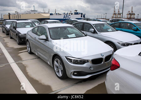 Bremerhaven, Germany. 12th June, 2017. New vehicles of BMW can be seen at the BLG Logistics Group Car Terminal in Bremerhaven, Germany, 12 June 2017. Photo: Ingo Wagner/dpa/Alamy Live News Stock Photo