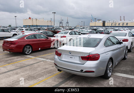 Bremerhaven, Germany. 12th June, 2017. New vehicles of BMW can be seen at the BLG Logistics Group Car Terminal in Bremerhaven, Germany, 12 June 2017. Photo: Ingo Wagner/dpa/Alamy Live News Stock Photo