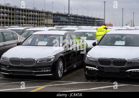 Bremerhaven, Germany. 12th June, 2017. New vehicles of BMW can be seen at the BLG Logistics Group Car Terminal in Bremerhaven, Germany, 12 June 2017. Photo: Ingo Wagner/dpa/Alamy Live News Stock Photo