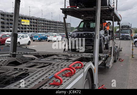 Bremerhaven, Germany. 12th June, 2017. New vehicles are loaded at the BLG Logistics Group Car Terminal, ready for shipping in Bremerhaven, Germany, 12 June 2017. Photo: Ingo Wagner/dpa/Alamy Live News Stock Photo