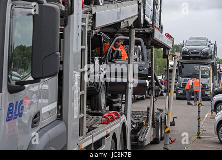 Bremerhaven, Germany. 12th June, 2017. New vehicles are loaded at the BLG Logistics Group Car Terminal, ready for shipping in Bremerhaven, Germany, 12 June 2017. Photo: Ingo Wagner/dpa/Alamy Live News Stock Photo