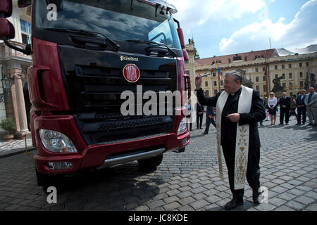 Prague, Czech Republic. 14th June, 2017. The Tatra Phoenix Euro 6 Prasident truck was introduced and blessed by Czech Cardinal Dominik Duka in Prague, Czech Republic on June 14, 2017. The event took place on the occasion of the 120th anniversary of the production of cars in Koprivnice, Czech Republic. Credit: Michal Kamaryt/CTK Photo/Alamy Live News Stock Photo