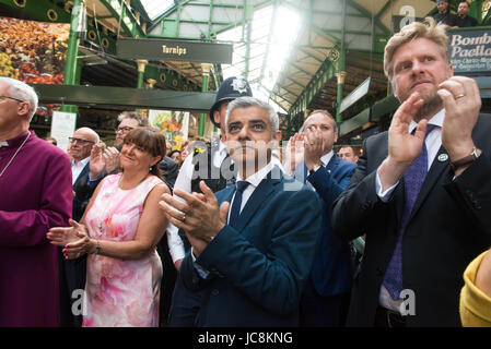 London, UK. 14th June, 2017. London Mayor Sadiq Khan at Borough Market as it re-opens to the public following the terrorist attack. Borough Market open to the public following 3rd June terror attack. Eight people were killed and at least 48 injured in terror attacks on London Bridge and Borough Market. Credit: Michael Tubi/Alamy Live News Stock Photo