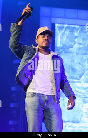 Miami, FL, USA. 13th June, 2017. Chance The Rapper performs at the AmericanAirlines Arena on June 13, 2017 in Miami Florida. Credit: Mpi04/Media Punch/Alamy Live News Stock Photo
