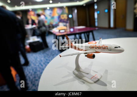 London, UK. 14th June, 2017. A model airplane of Air Berlin can be seen at the main assembly of the airline in London, England, 14 June 2017. Photo: Alban Grosdidier/dpa/Alamy Live News Stock Photo