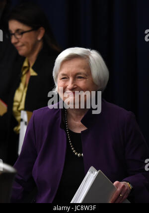 Washington, USA. 14th June, 2017. U.S. Federal Reserve Chair Janet Yellen arrives for a news conference in Washington, DC, capital of the United States, on June 14, 2017. U.S. Federal Reserve on Wednesday raised the benchmark interest rates for the fourth time since December 2015, and unveiled plans to start trimming its balance sheet. Credit: Yin Bogu/Xinhua/Alamy Live News Stock Photo