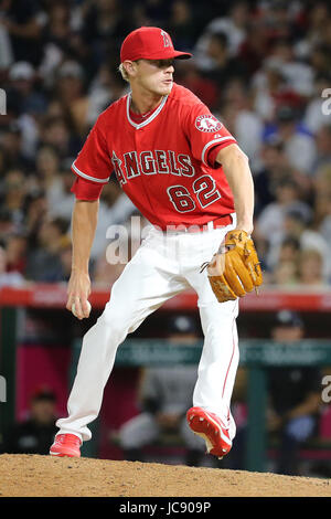 Anaheim, California, USA. 14th Jun, 2017. Los Angeles Angels relief pitcher Parker Bridwell #62 pitches in relief for the Angels in the game between the New York Yankees and Los Angeles Angels of Anaheim, Angel Stadium in Anaheim, CA, Photographer: Peter Joneleit Credit: Cal Sport Media/Alamy Live News Stock Photo