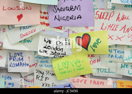 London Bridge Peace Wall,Hundreds of messages of peace were written on post it notes in the days following the London Bridge Terror Attack on 03.06.17 Stock Photo