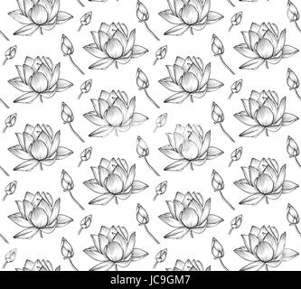 Lotus water lily vector beautiful flower line, black and white tattoo art illustration. Hand drawn fine linear plant blossom, floral, botanical modern Stock Vector