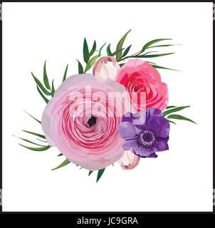 Flower Floral Vintage Pink Garden Rose Ranunculus Flowers buttons Anemone, Agonis fine decorative leaves bouquet pattern decotative element background Stock Vector