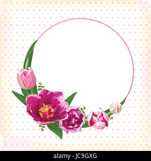 Flower circle round wreath coronet flowers pink purple Tulips fern leaves beautiful lovely spring summer bouquet vector illustration. Top view square  Stock Vector