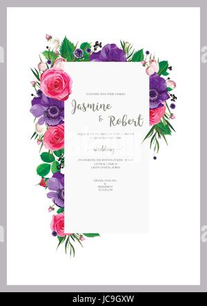 Flower floral Anemone pink Garden Rose Eucalyptus leaves Wreath wedding ornament concept. Art traditional, poster abstract element. Vector vertical be Stock Vector