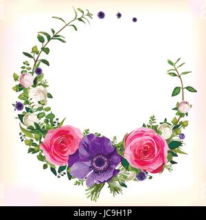 Flower circle round wreath coronet flowers pink Rose purple Anemone poppy leaves beautiful lovely spring summer bouquet vector illustration. Top view  Stock Vector